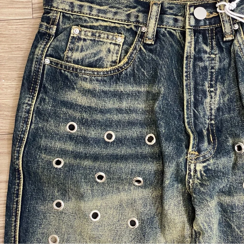 mnml Metal Eyelet Grommet Yellow Washed Distressed Denim Flare Jeans